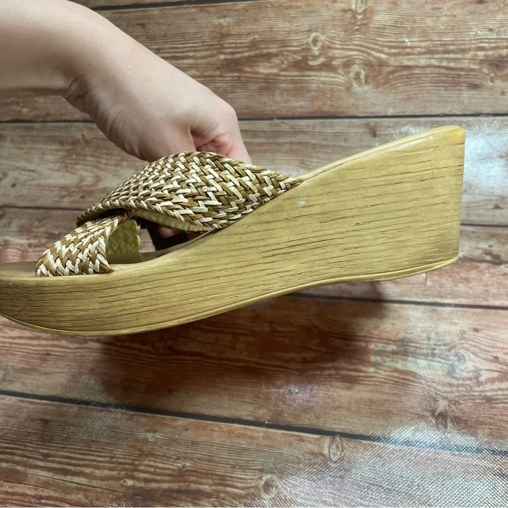 Mila Paoli Woven Straw Slip On Sandal With Cork Platform size 8